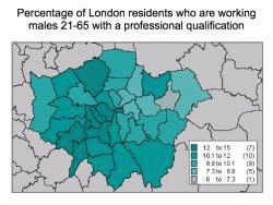 The accompanying map is based on data from the SAM and illustrates the proportion of residents in London boroughs who are working age males with a professional qualification.