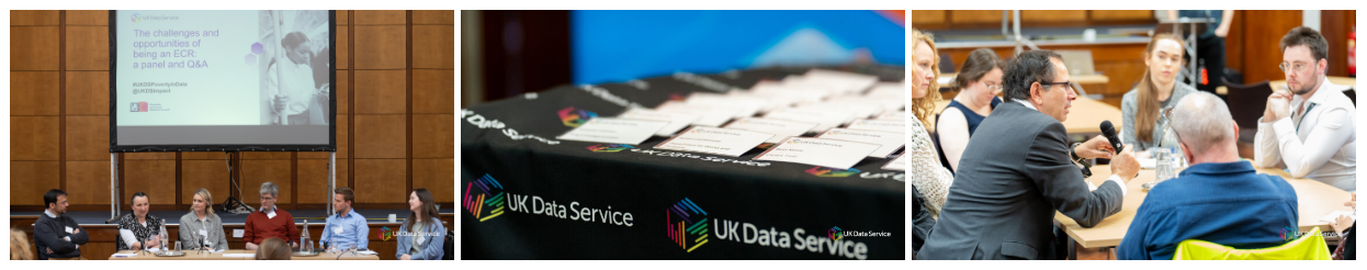 Row of three photos showing people sitting at a long table, a table of name badges, and people talking around a table
