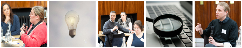 Row of five images alternating between people sitting and talking at tables, a light bulb and a magnifying glass