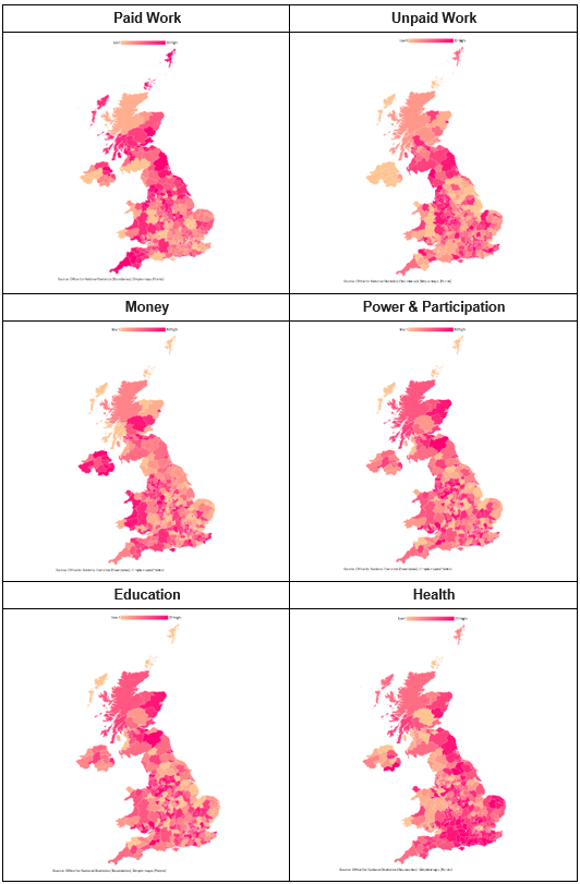 Figure 3 showing examples of interactive maps showing an overview of domain scores of the Gender Equality Measure
