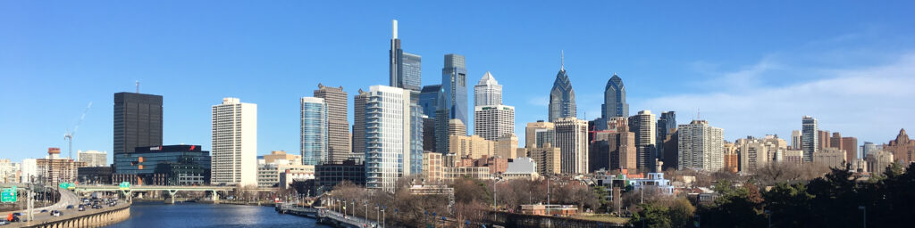 Phildelphia skyline - skyscapers against cloudless blue sky.