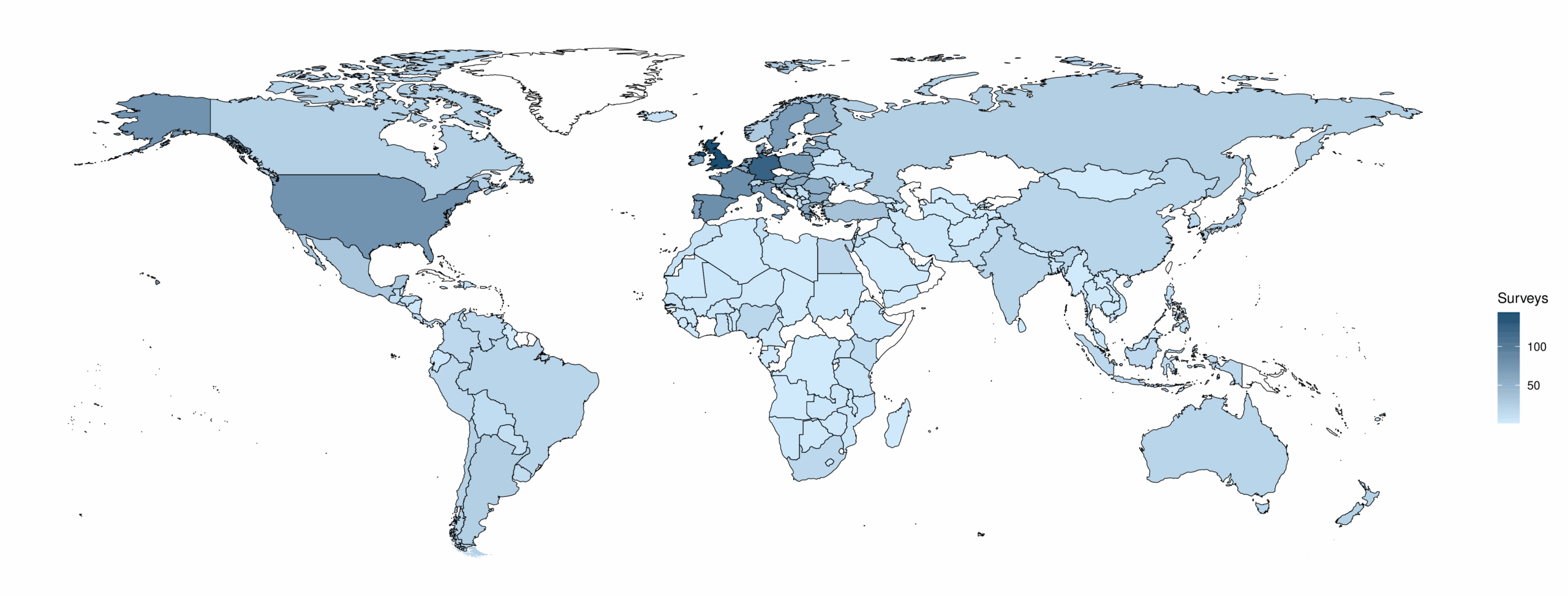 World map coloured in varying shades of blue with scale showing that darker blue corresponds to larger numbers