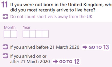 Example question of age and year of arrival in the UK - 11