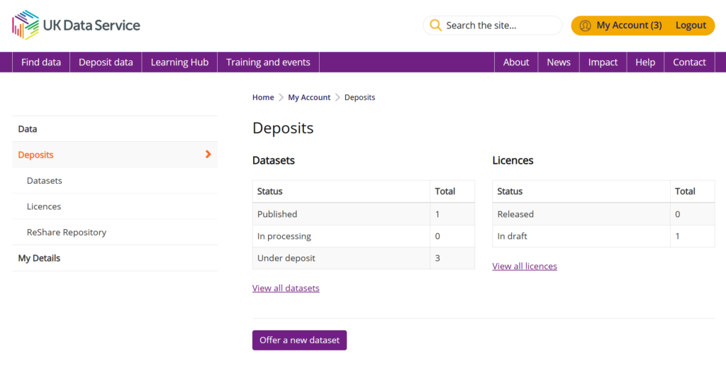 Screen view of My Account Deposits web page