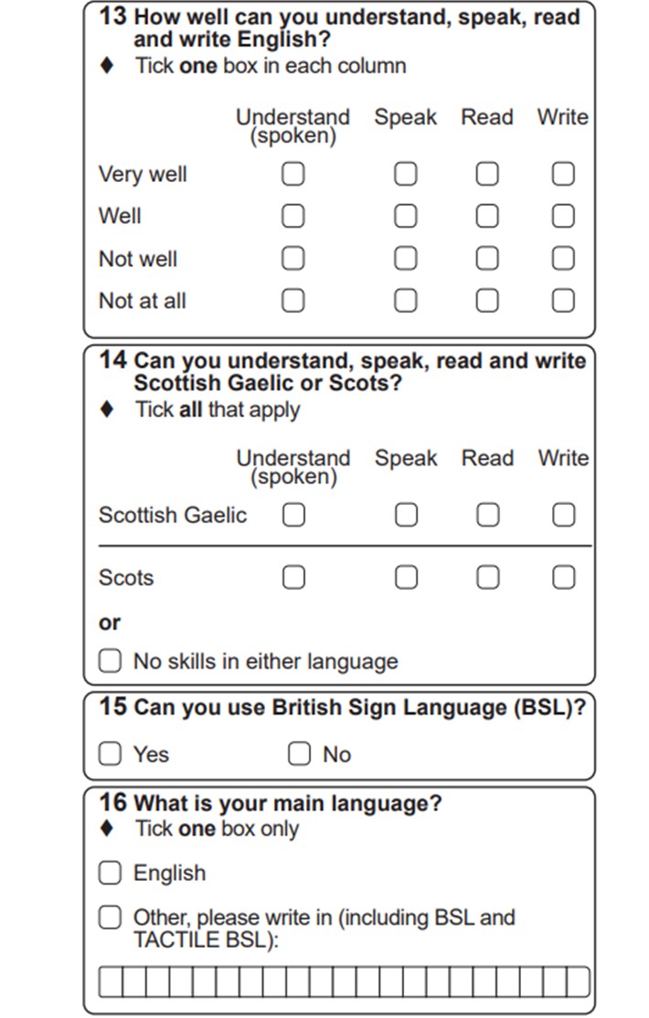 Example of language questions in Scotland