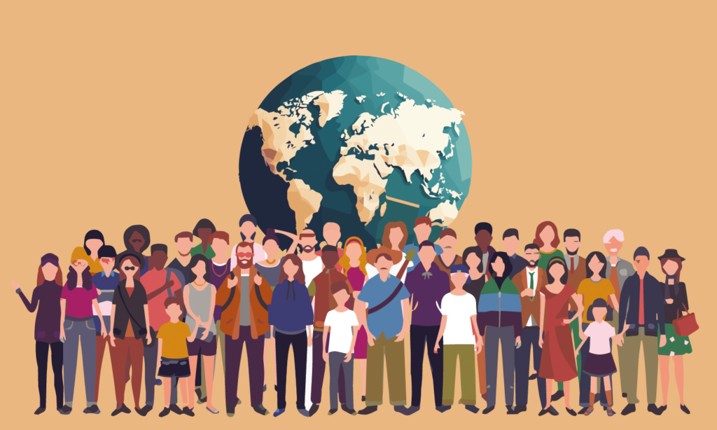Illustration of people standing infront of the world